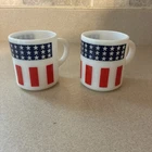 2 - Vintage Patriotic Milk Glass Heat Resistant Hazel Atlas Coffee Cup Mug
