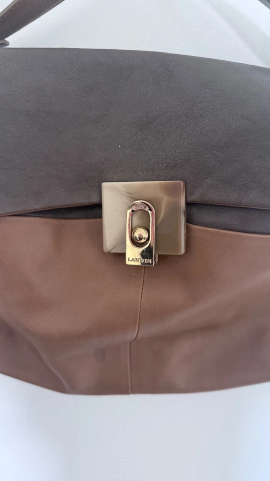 Bolso de Hombro Lanvin Vintage Cuero Marrón Gris Solapa Bolso Cartera Diseñador Francia Foto 4 de 4