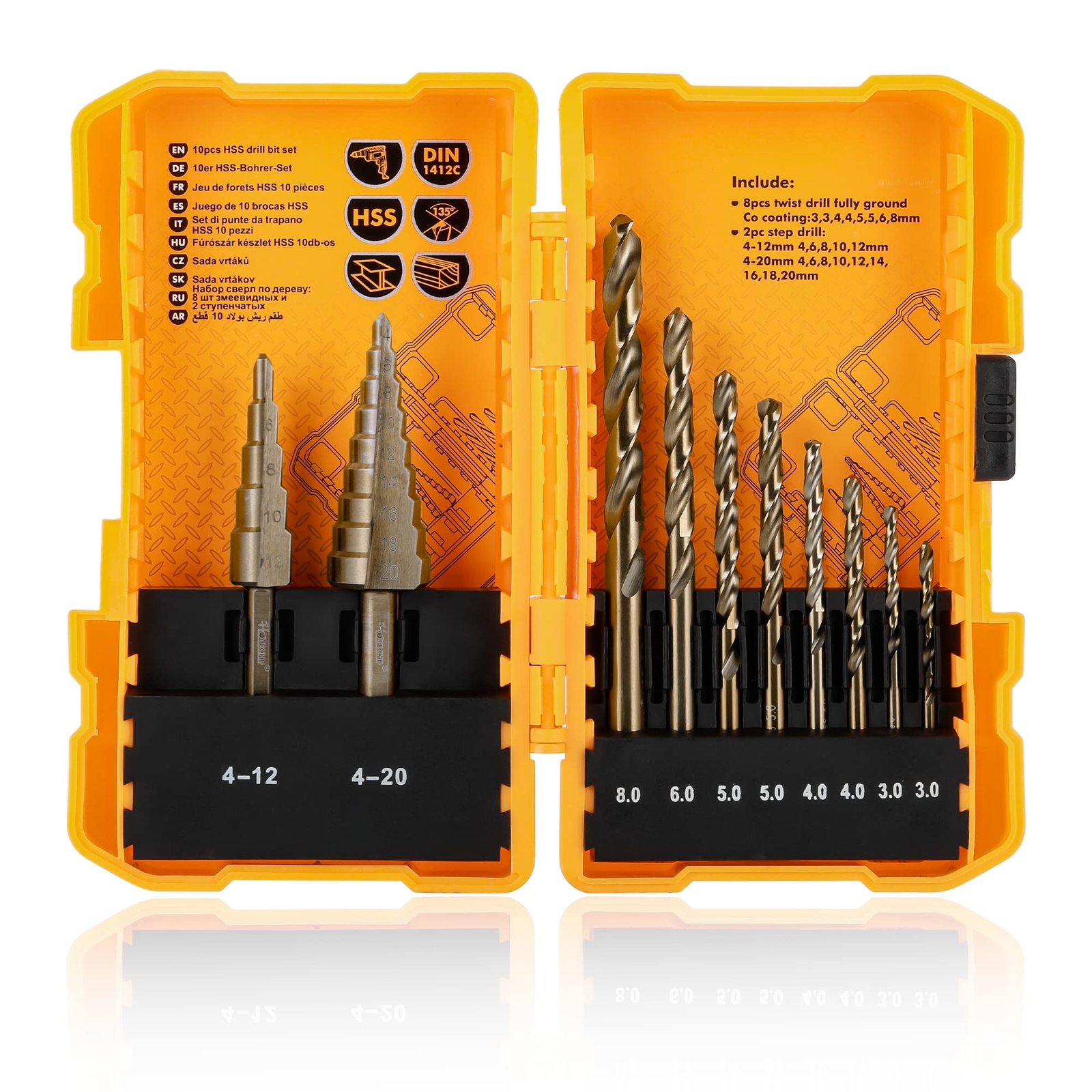 Kit 10 Punte Trapano HSS Hoteche Professionale | Acciaio DIN 1412C