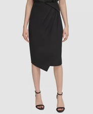 Calvin Klein Black Women's Angled Hem Pleated Midi Wrap Skirt Size 10