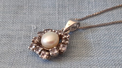 Collana argento con pendente cabochon perla e tanzaniti naturali. Cm 49 - Foto 8 di 12