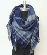  New Square Scarf w/ lurex Plaid Navy Mid weight Cozy Wrap shawl Men Women