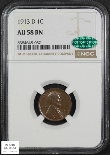1913 D Lincoln Wheat Copper Cent 1C Choice Almost Uncirculated NGC AU 58 BN CAC
