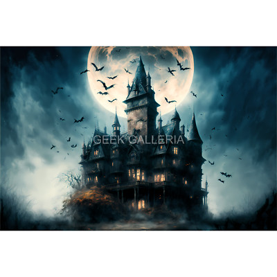 Haunted Mansion Under the Full Moon, 17x11 inches, Art Print, Spooky, Scary, Hal