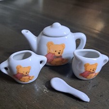 Vtg Mini Tea Set 5 Pc Doll House Decor Pitcher Creamer Sugar Spoon Bear Motiff