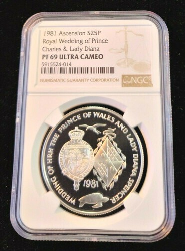 1981 ASCENSION ISLAND SILVER 25 PENCE ROYAL WEDDING NGC PF 69 ULTRA CAMEO TOP - Picture 4 of 4