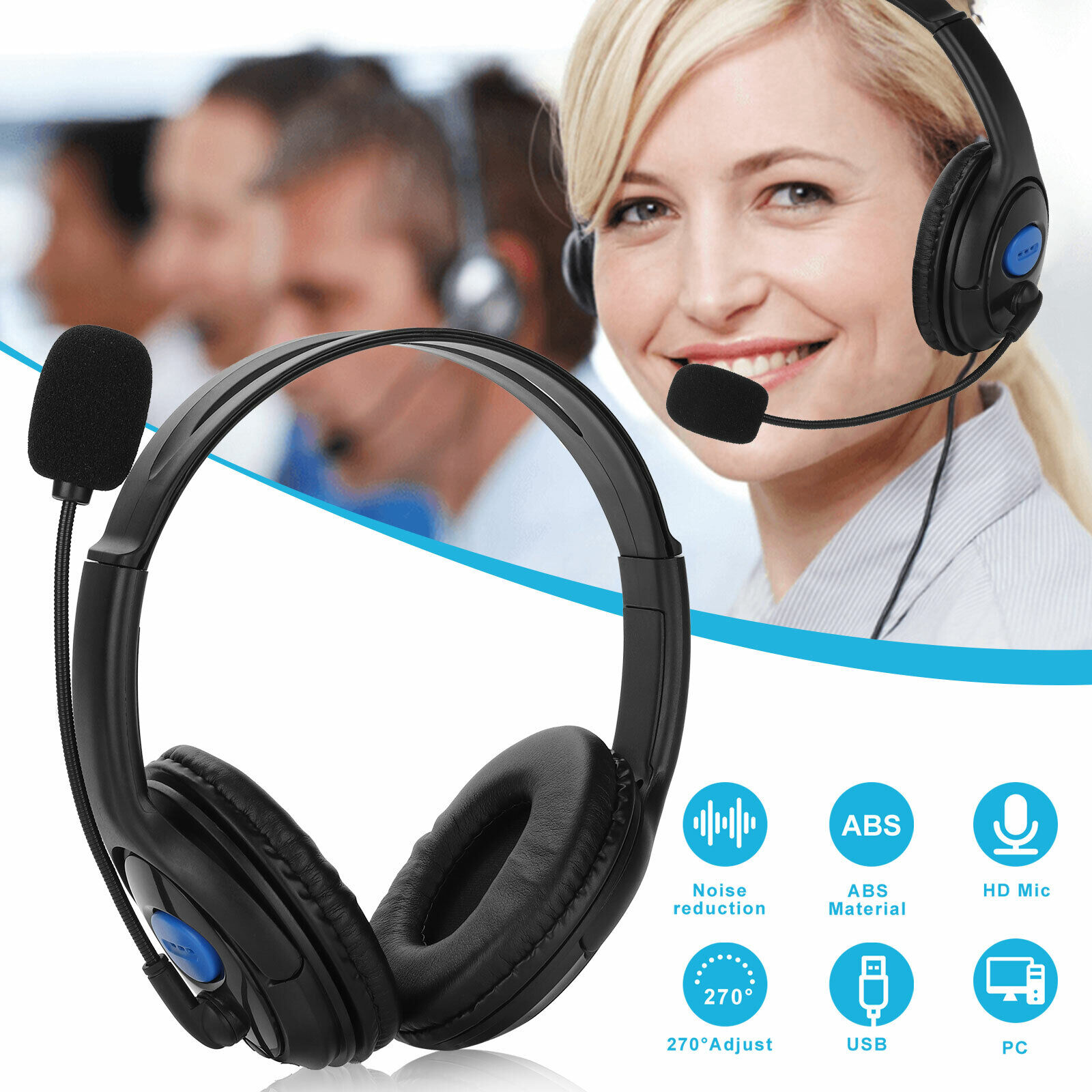 USB Headset Microphone Noise Cancelling Computer Headset for PC Chat Call Center