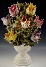 VINTAGE CAPODIMONTE LAMP BASE ITALY RED YELLOW TULIPS FLOWERS TOPIARY WITH URN