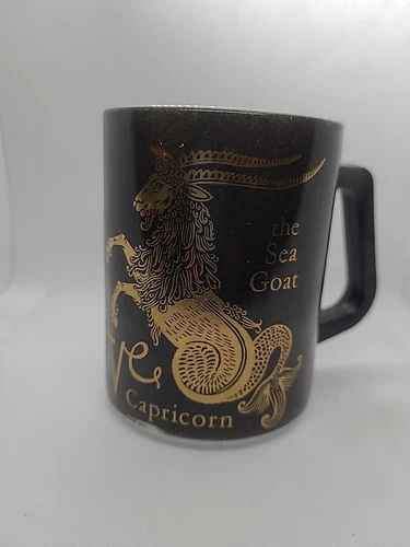 Zodiac Capricorn the Sea Goat Mug Black Gold Federal Milk Glass Astrology MCM