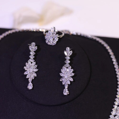 New Jewelry Sets Leaf Bridal Necklace Earring Set 5A Cubic Zirconia Accessories - Picture 10 of 24