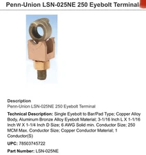 Penn-Union LSN-025NE Bronze Eyebolt Connector 6 AWG–250 MCM