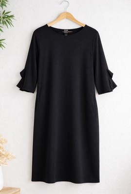 Clara Sun Woo Black Shift Dress L Ruffle Sleeve Scoop Neck Pockets USA