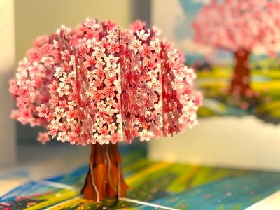 Origami Pop Cards Plum Pink Cherry Blossom Tree on Green Fields Happy Birthday