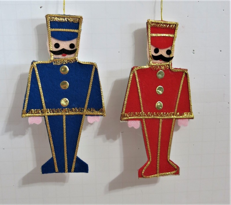 1950's Tagged Made in Japan (2) 5" Soldier Christmas Ornaments Felt & Cardboard