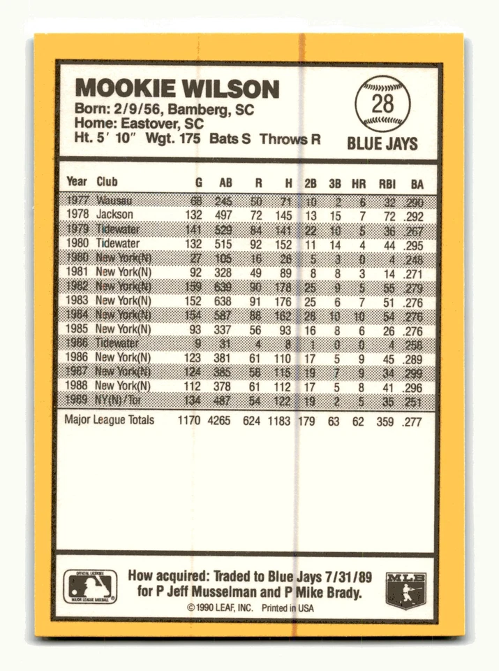 Mookie Wilson 1990 Donruss Best of the AL #28 Toronto Blue Jays NM-MINT - Image 2 of 2