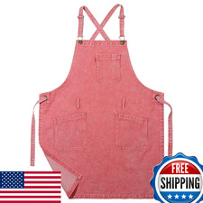 VANTOO Denim Chef Apron for Women with Pockets, Pink Jean Waitress Server Kitche