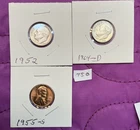 2 Circ.Roosvlt.Dimes 1952 -1964-D 90% Silver And BU 1955–S Lincoln .01  #Lot 750