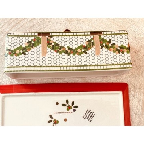 Anthropologie Home Festive Tile Butter Dish Green Red Gold See Description - Picture 7 of 10