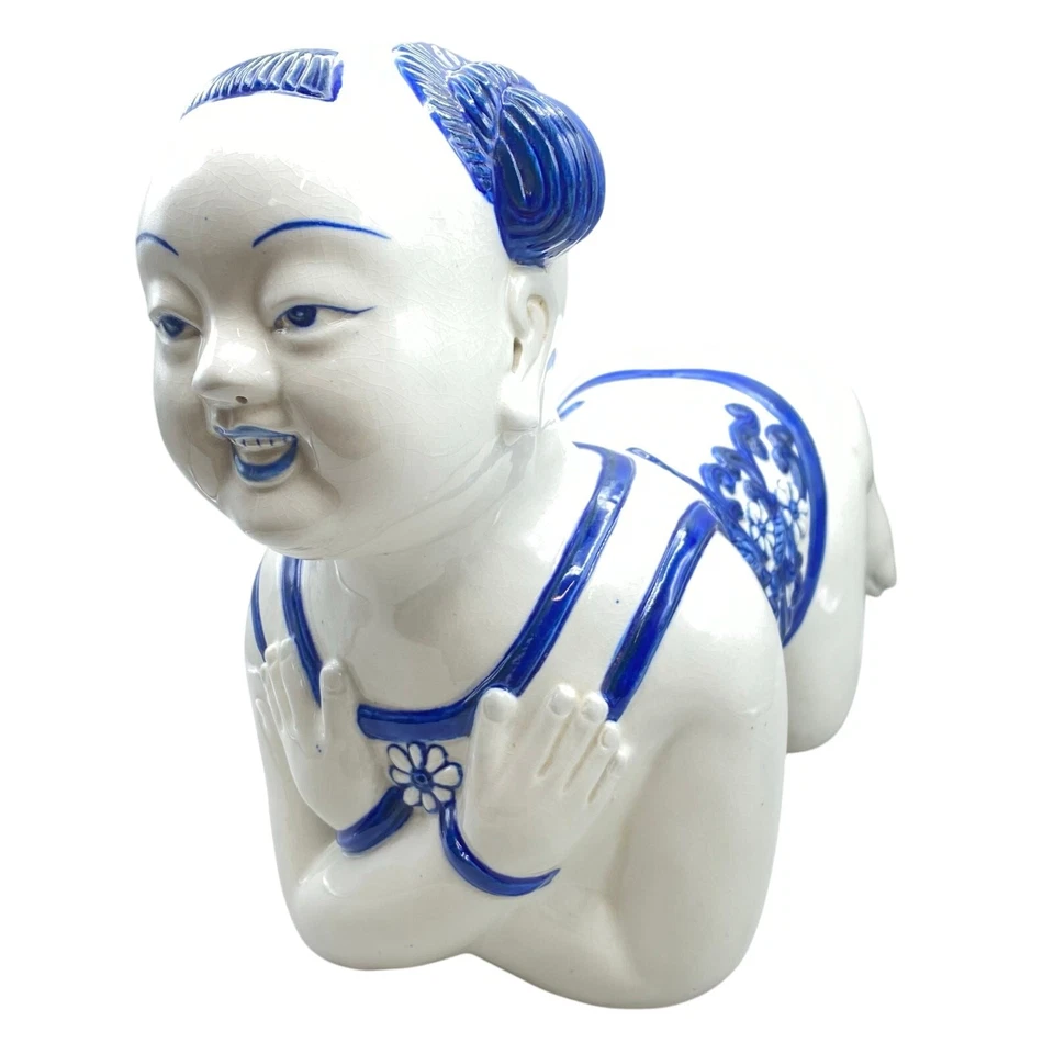 Vintage Asian Chinoiserie Blue White Figural Floral Pillow Baby Buddha Stool - Image 2 of 4