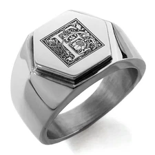 Stainless Steel Floral Box Monogram Letter F Mens Hexagon Crest Signet Ring