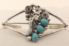 Signed Native American Navajo Made Sterling 3 Stone Turquoise and Leaf Bracelet