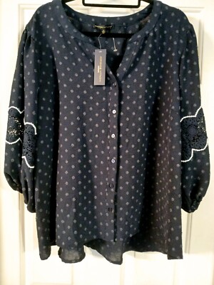 NWT - Adrienne Vittadini 3/4 Sleeve Navy Blue W/crocheted Sleeves Button-down 3X
