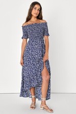 LULUS Womens Fleur-Tation Blue Floral Print Off Shoulder Midi Dress Size Small