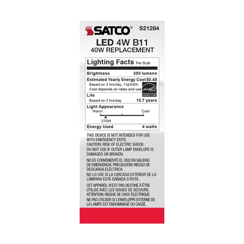 6 Pack Satco S21284 LED Filament Bulbs 120V 4W 40W B11 Medium E26 2700K Dimmable - Picture 8 of 11