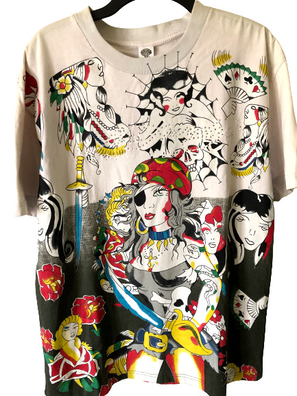 Rare NOS Christian Audigier Don Ed Hardy AOP GIRLS ALL OVER THE WORLD T Shirt. L