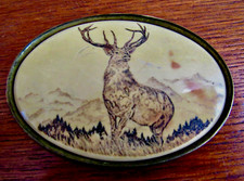 Vintage Signed BARLOW Scrimshaw Style STAG DEER Solid Brass Oval Belt Buckle