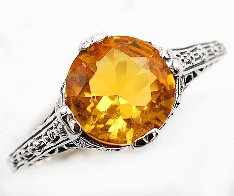 2CT Natural Golden Citrine Edwardian Style Sterling Silver Ring Sz 7 FT1