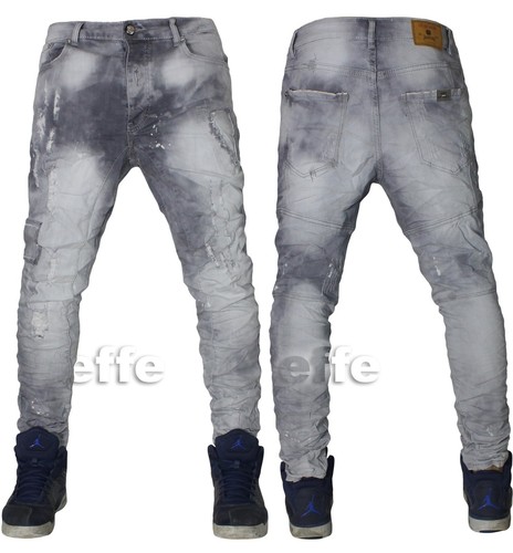 Jeans uomo Grigio Denim Harem cavallo basso strappati pantaloni slim nuovo  9060 | eBay