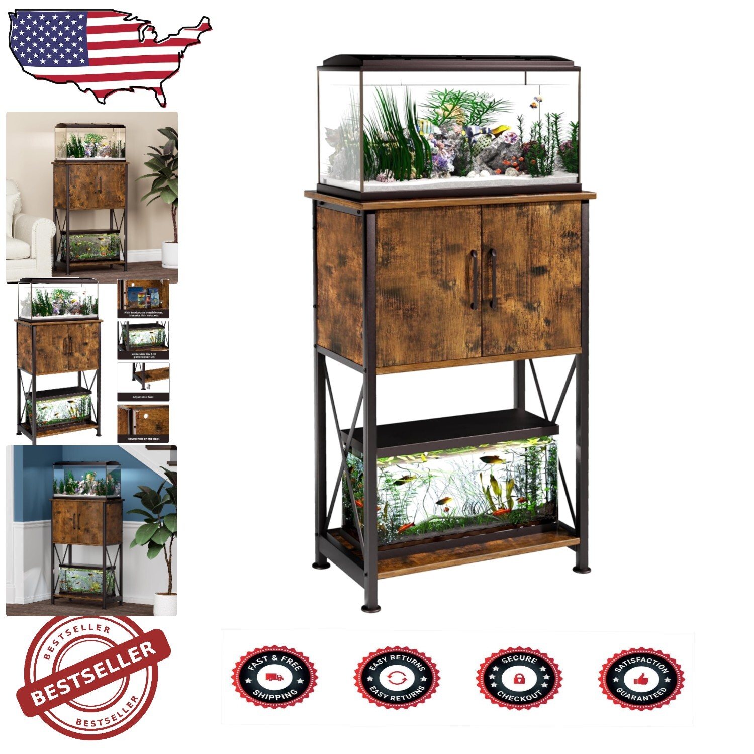 Space-Saving Metal Aquarium Stand for 5-10 Gallon Tanks with Cabinet Storage