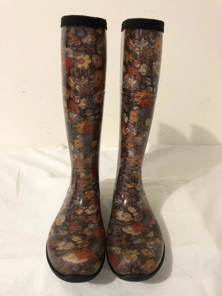 KAMIK Made in Canada Wellies Rain Boots Brown Rust Blue Floral Women s Size 6