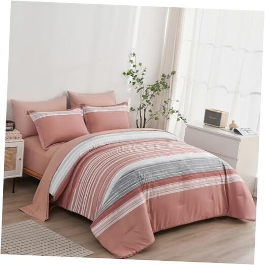 7 Piece Bed in a Bag Stripe Comforter Set Queen Queen(7 Piece Set) Blush Pink