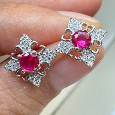 925 Sterling Silber Ohrringe 3mm Natur Rosa Rubin Edelstein Zirkon Blume Geschenk