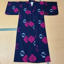 Boro Japanese Kimono Aged Textile Robe Navy Blue Pink Pattern Fabric Japan