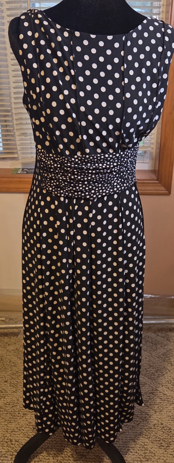 PERCEPTIONS NEW YORK Black White Polka Dot Ruched Waist Maxi Dress 6