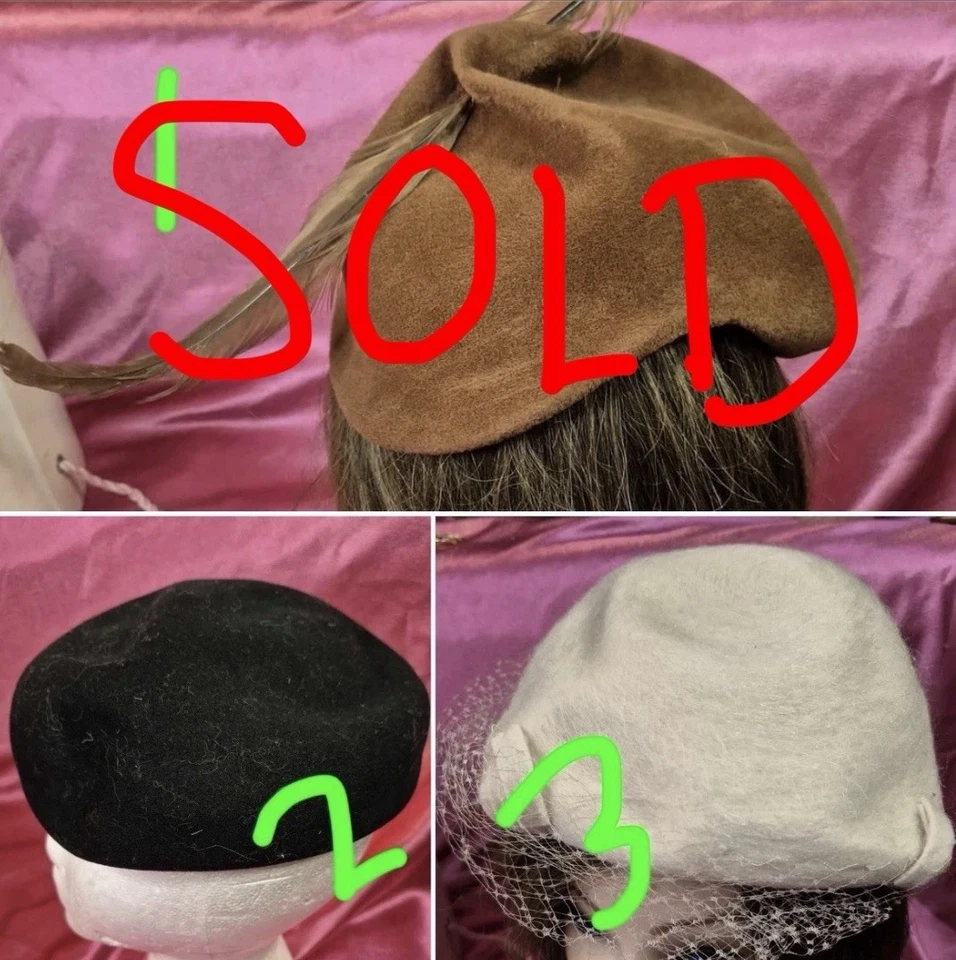 Sombreros de Colección - Sombrero de Terciopelo Marrón con Pluma, Boina Negra, Pastillero de Lana Blanca Foto 2 de 4