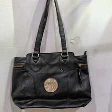 Bueno Black Bag Purse Gold Logo Accent Zip Closure Rectangle Shape Women