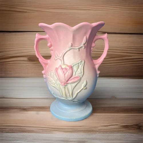 Hull Art Pottery Vase Magnolia 11 - 6 1/4 vintage floral blue pink USA ceramic