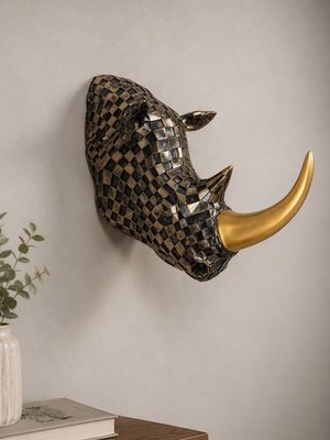Geometrische Nashorn Kopf Wand Skulptur Schwarz Kupfer Harz Safari Tier Dekor