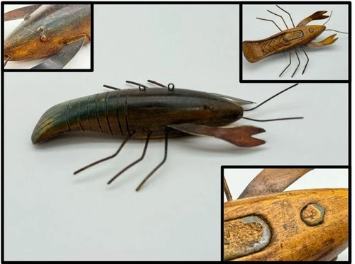 Vintage Signed 5-1/2" Hand Carved Tin Wood & Lead CRAYFISH Spearing Decoy