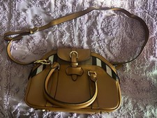 Burberry House Check Satchel Bag Brown Striped Buckle Accent Gold Hardware