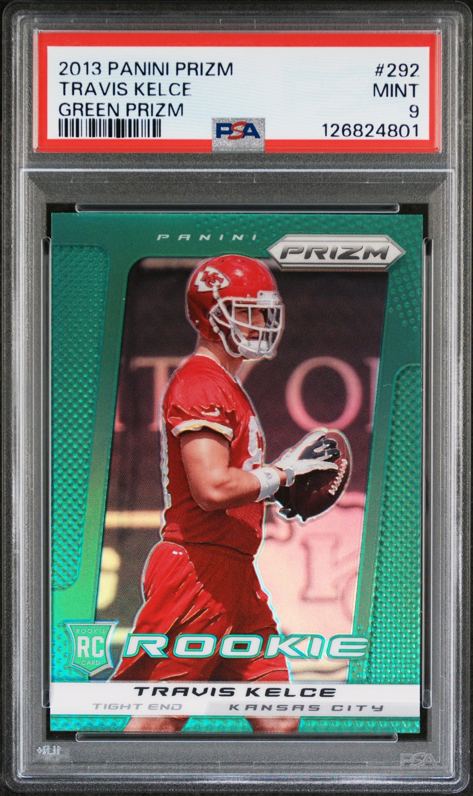 2013 PANINI PRIZM GREEN PRIZM #292 TRAVIS KELCE PSA 9