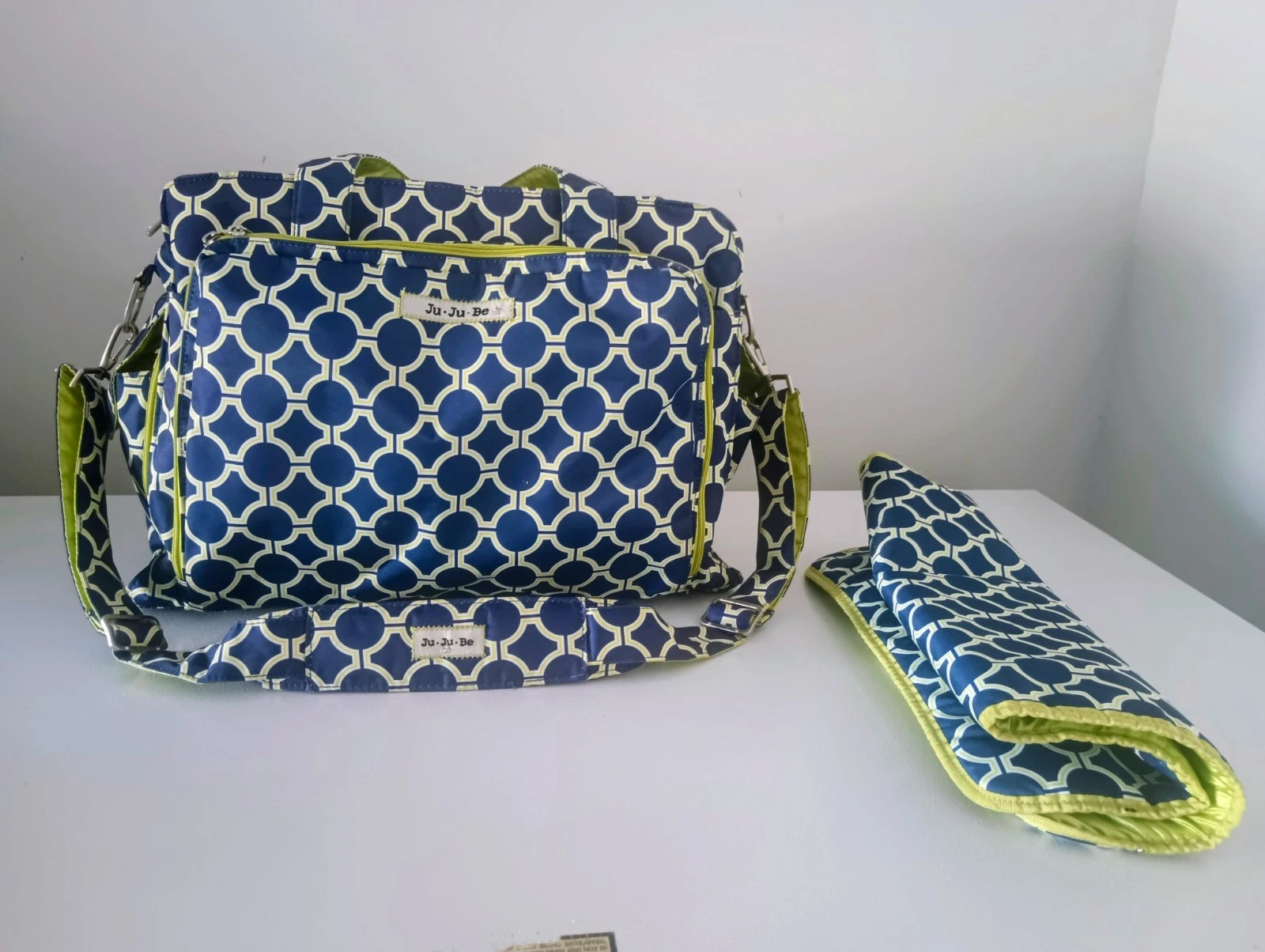 Ju-Ju-Be Diaper Bag Blue Geometric Print & Changing Pad Multi Pocket Baby Travel