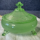 Vintage Green Depression Glass Covered Candy Dish Footed Frosted Floral Etched
