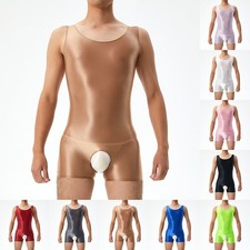 Burgundy Sleek Sleeveless Jumpsuit Mens Glossy Crotchless Bodysuit Underwear