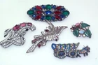 5pc Vtg Costume Jewelry Rhinestone Pin Brooch Lot Bird Floral Covered Wagon