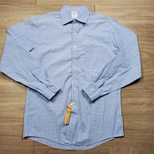 Brooks Brothers Button Down Shirt Mens 16-35 Blue Plaid Slim Fit Cotton Non Iron